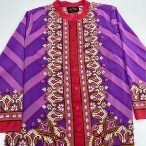 Bob Mackie Top Small Wearable Art Artsy Printed Buttoned Front Blouse Flowy